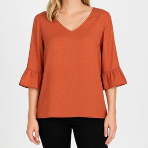 Hesed Rust Brown V-Neck Top Women’s Medium Bell Sleeve Blouse